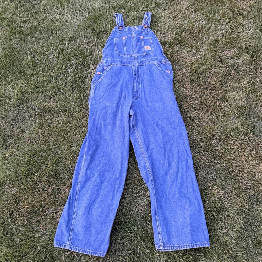 rare A+ Carhartt Blue Denim Bib Overalls Mens Straight Leg Carpenter Workwear